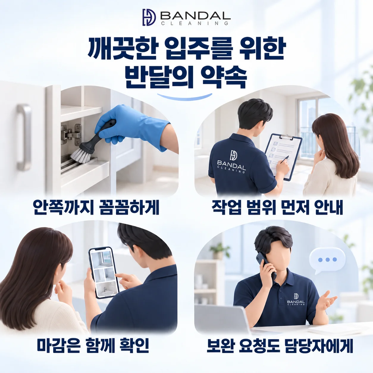 반달클리닝의 약속: 안쪽까지 꼼꼼하게, 작업 범위 먼저 안내, 마감은 함께 확인, 보완 요청도 담당자에게